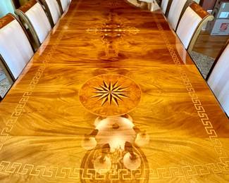 Stunning Italian dining table with inlay design - 12 chairs - table is 1 piece 