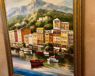 Mediterranean seaside scene, oil painting  - 57" x 43"