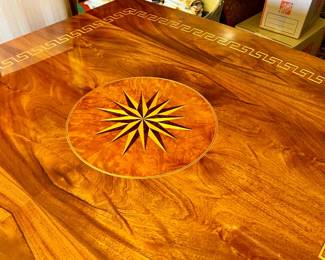 Stunning Italian dining table with inlay design - 12 chairs - table is 1 piece 