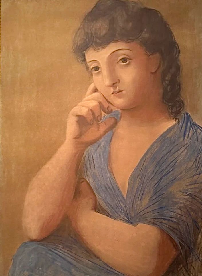 $450, Framed Portrait Painting of Woman in Blue Dress