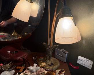 $150, Art Deco Style Double Arm Table Lamp Frosted Glass Shades Metal Base Vintage Look Lighting