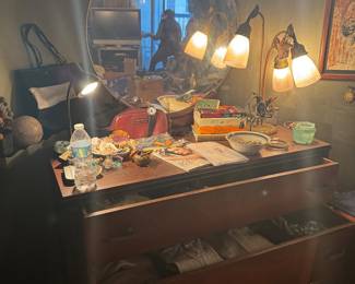 Mid-Century Modern Walnut Lowboy Dresser with Round Mirror