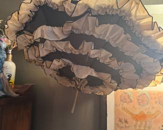 $35, Beige Multi Tier Ruffle Pagoda Umbrella Black Trim Victorian Style Parasol
