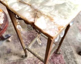 $175, Green Onyx and Cast Brass Pedestal Table with Crystal Prisms