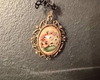Floral Transfer Print Oval Pendant in Antiqued Gold-Tone Filigree Frame