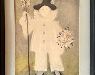 $250, Framed Harlequin Clown Print Pierrot Costume Figure Floral Staff Art Reproduction Wall Decor