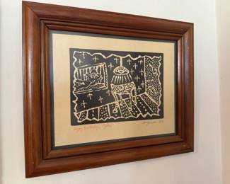 $115, Maggie Hand-Pulled Linocut Print Interior Scene 1984