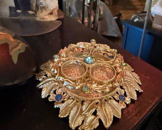 $60, Lipstick Holder, Gold-Tone Cast Metal Jeweled Four-Ring Vanity 