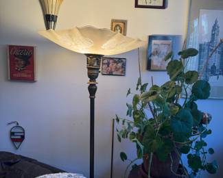 Cast Metal Art Deco Torchiere Floor Lamp with Frosted Glass Shade