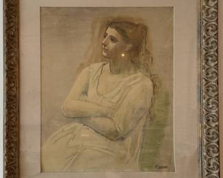 $300, Framed Pablo Picasso Female Portrait Print Drawing Signed Reproduction Ornate Frame