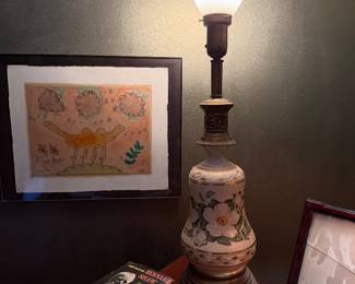 Framed Naive Animal Drawing and Floral Ceramic Table Lamp