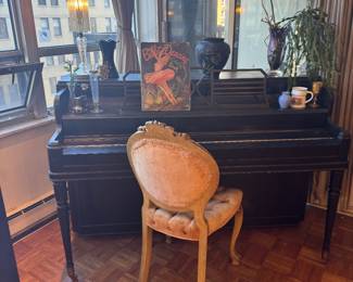 Ebonized Spinet Piano with Louis XV Style Tufted Vanity Chair