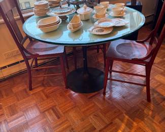 Glass Top Black Tulip Dining Table, Wood Chairs & Porcelain China