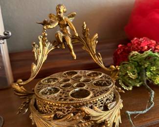$75, Gilt Metal Filigree Cherub Vanity Lipstick Organizer