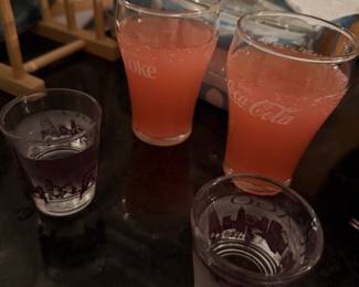 Clear Glass Coca-Cola Tumblers and Skyline Silhouette Shot Glasses