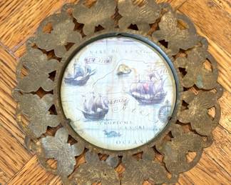 $15, Pierced Brass Butterfly Frame with Columbus Voyage Ship Map Print