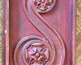 $30, Red Plaster Wall Relief Scroll Floral Panel Architectural Decor Hanging Plaque