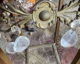 $175, Green Onyx and Cast Brass Pedestal Table with Crystal Prisms
