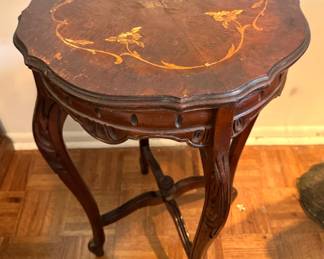 $200, French Marquetry Inlaid Walnut Side Table with Scalloped Edge and Cabriole Legs