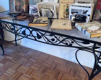 Black Wrought Iron Console Table with Glass Top and Foliate Scrollwork
