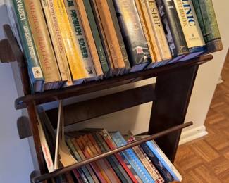 $10 - $40 each, Assorted Books, $85, Dark Stained Two-Tier Wooden Book Trough