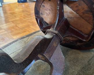$1200, Renaissance Revival Carved Wood Swivel Ornate Arm Chair with Wrought Iron Base
