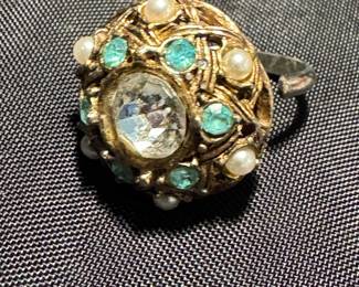 $30, Gold-Tone Filigree Dome Ring with Faux Pearls and Turquoise Pastes