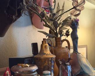 Etched Brass Decanter and Brown Stoneware Jug with French Beaded Flowers