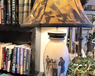 $150, Ceramic Neoclassical Urn Lamp with Hand-Painted Silhouette Shade