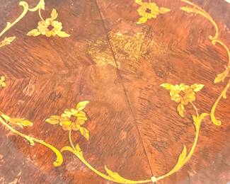 $200, French Marquetry Inlaid Walnut Side Table with Scalloped Edge and Cabriole Legs