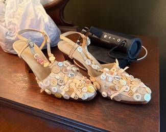 $100, D’Aloja Milano Button Embellished Slingback Heels Beige Ribbon Floral Applique Sandals EU 37.5