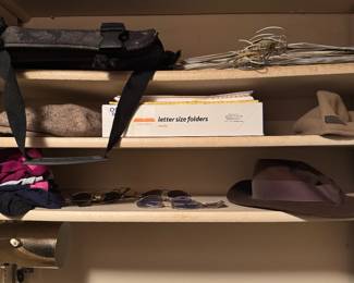 Assorted Men's Hats, Sunglasses, Messenger Bag, and Office Folders