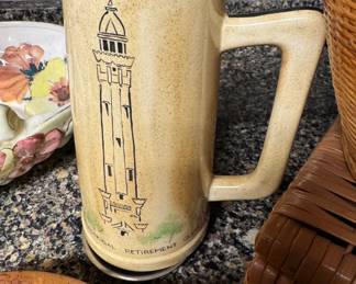 $60, Mid Century Stoneware Beer Stein Mug Hand Thrown Pottery Tower Illustration Signed 1984