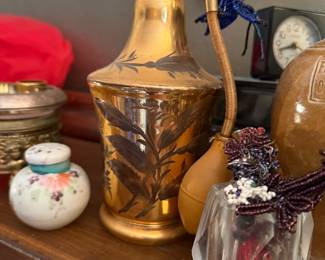 $50, Vintage Glass Perfume Atomizer Gold Floral Etched Bulb Sprayer Vanity Decor