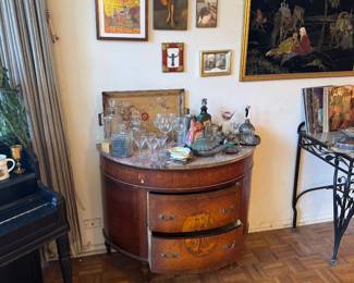 Burl Walnut Marquetry Demilune Commode with Marble Top — Neoclassical Style
