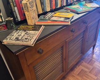 Wood Louvered Door Credenza Sideboard with Contrasting Dark Top