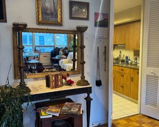 Ebonized Wood Console Table with Marble Top & Giltwood Mirror