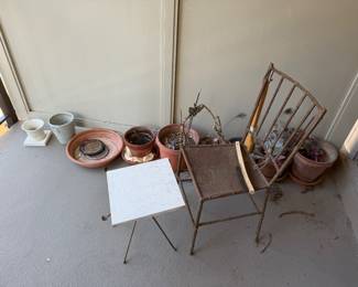 Wrought Iron Patio Chair and Plant Stand with Assorted Planters