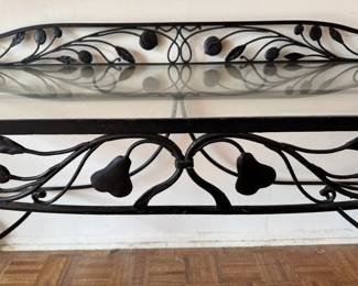 $500, Wrought Iron Console with Glass Top Ornate Scrollwork Table