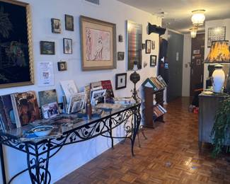 Wrought Iron Glass Top Console Table and Framed Art Collection