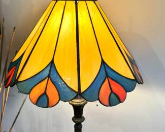 Slag Glass and Bronzed Metal Floor Lamp with Peacock Motif