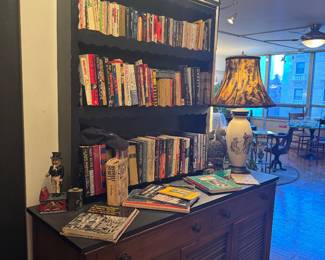 Two-Piece Stained Wood Hutch and Bookcase with Books and Decor