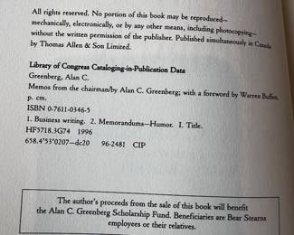 $25, Memos from the Chairman Alan C Greenberg Hardcover Warren Buffett Foreword Business Humor Book 1996