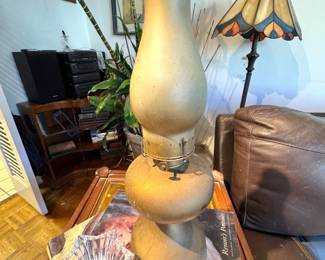 $35, Frosted Amber Glass Hurricane Lamp with Tall Chimney Shade