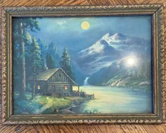 $15, Moonlit Cabin and Mountain Lake Landscape Print