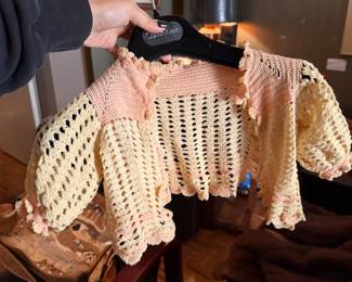 $35, Hand Crocheted Baby Bolero Cardigan Pastel Yellow Peach Knit Infant Sweater Handmade Lace Trim