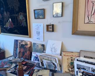 Mixed Lot of Framed Wall Art, Art Books, and Vintage Ephemera