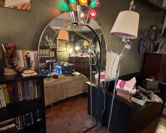 Arched Segmented Floor Mirror with Postmodern Multi-Color Light Fixture