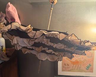 $35, Beige Multi Tier Ruffle Pagoda Umbrella Black Trim Victorian Style Parasol