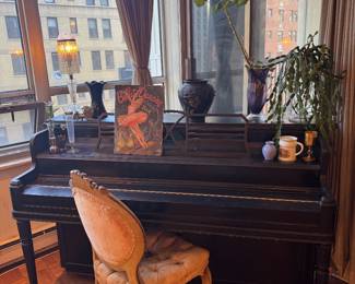 Ebonized Console Upright Piano and French Provincial Tufted Chair